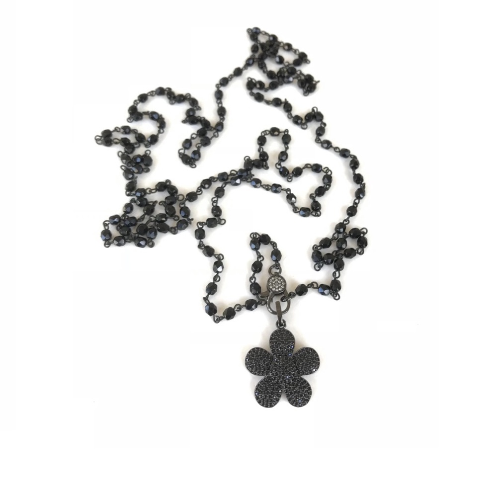 Shop Jet Black beaded Necklace with Gunmetal Flower Pen